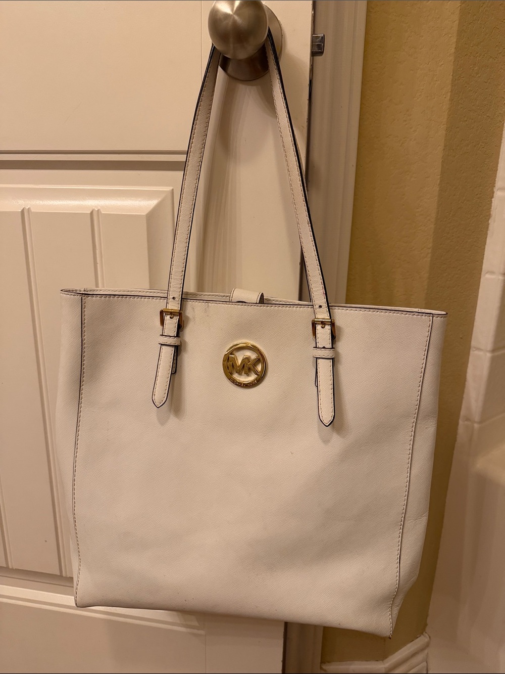 Michael Kors White Leather Tote with Gold MK Emblem